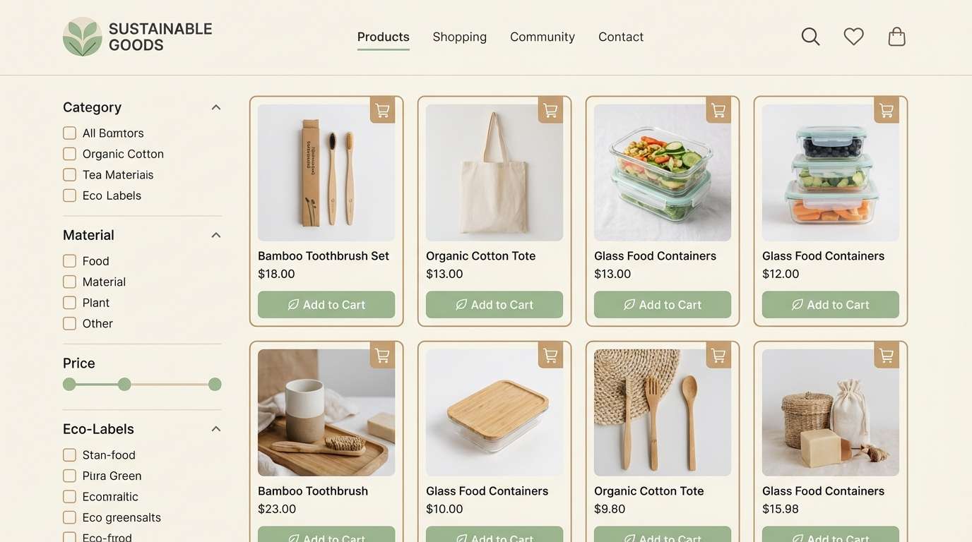 eco marketplace ui in soft greens