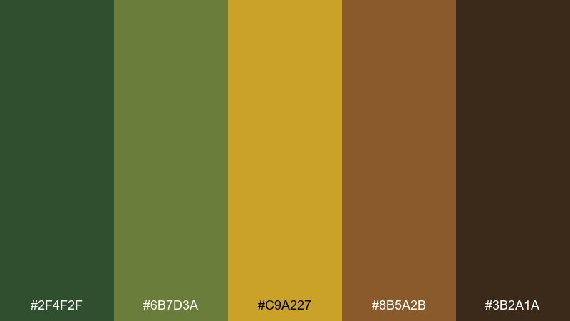 woodland mustard green yellow brown color palette with hex codes
