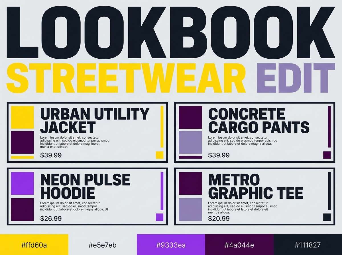 yellow purple streetwear lookbook page