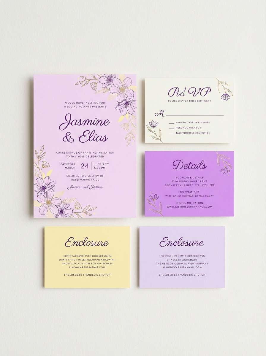 yellow purple wedding invitation suite