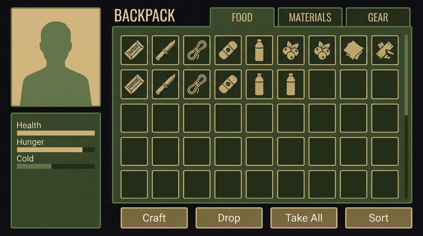 survival inventory ui mockup