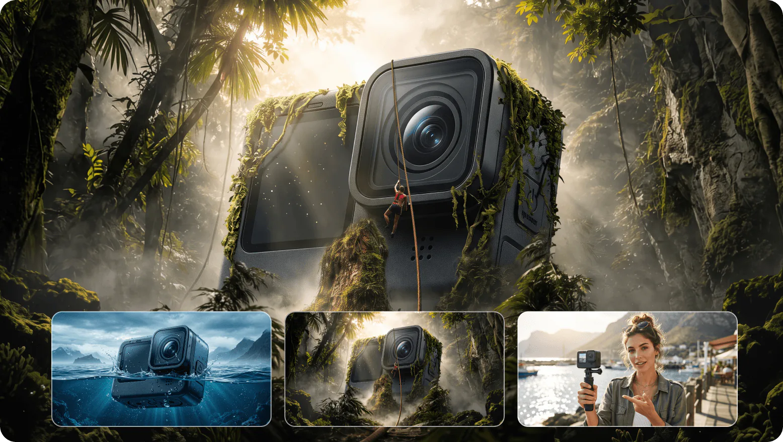 Action camera product shots in a jungle