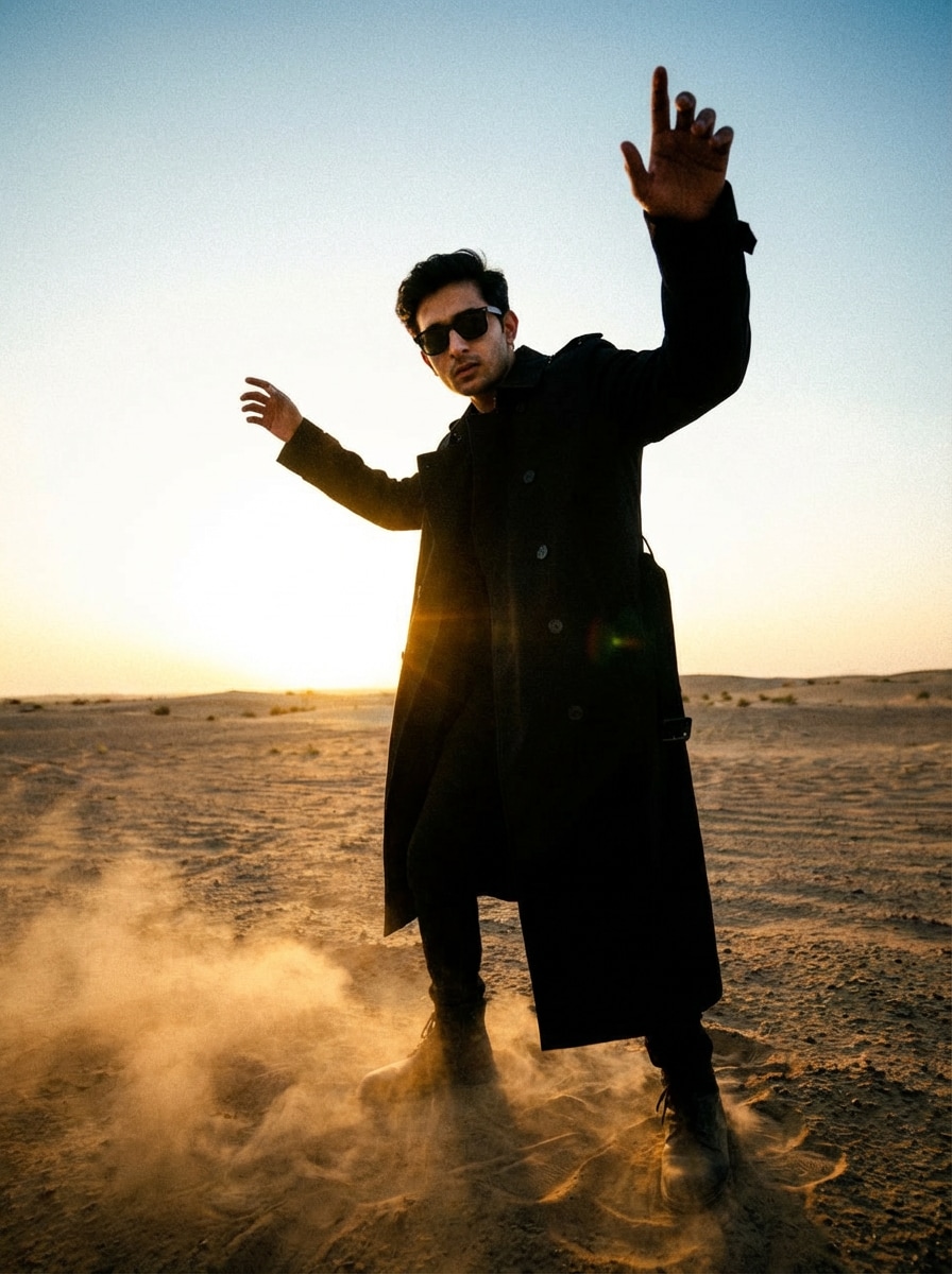 Dhurandhar black coat desert pose – AI prompt sample