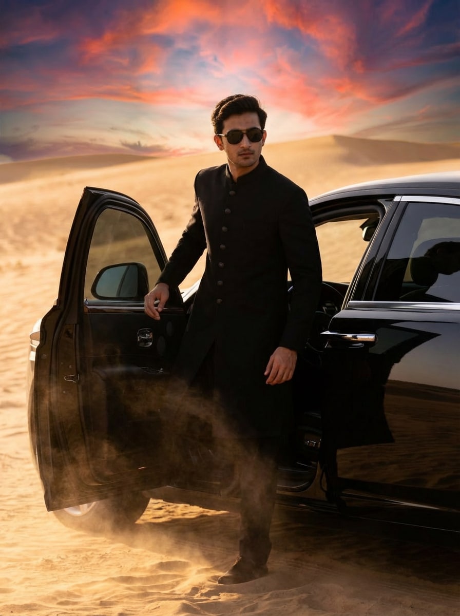 Rehman Dakait sunglasses stance – AI prompt sample