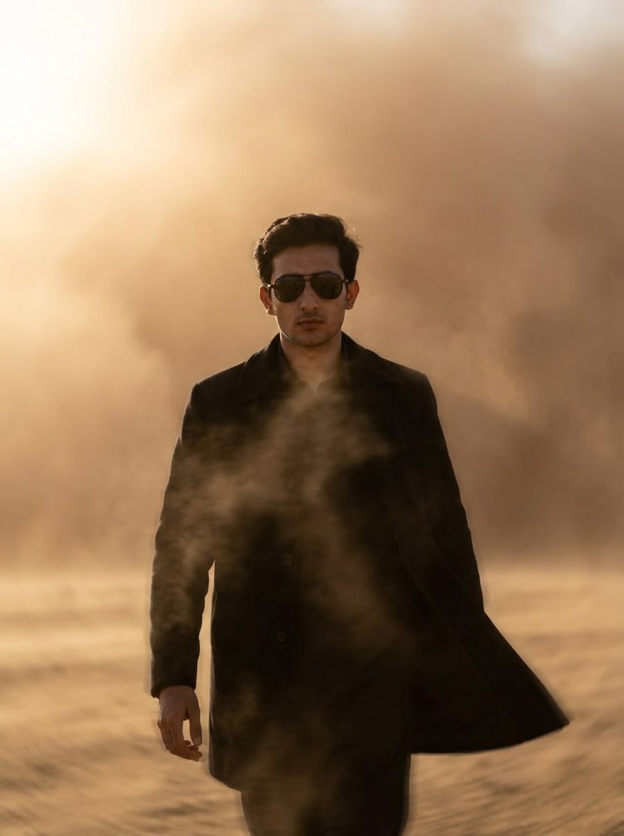 Dust storm dramatic pose – AI prompt sample