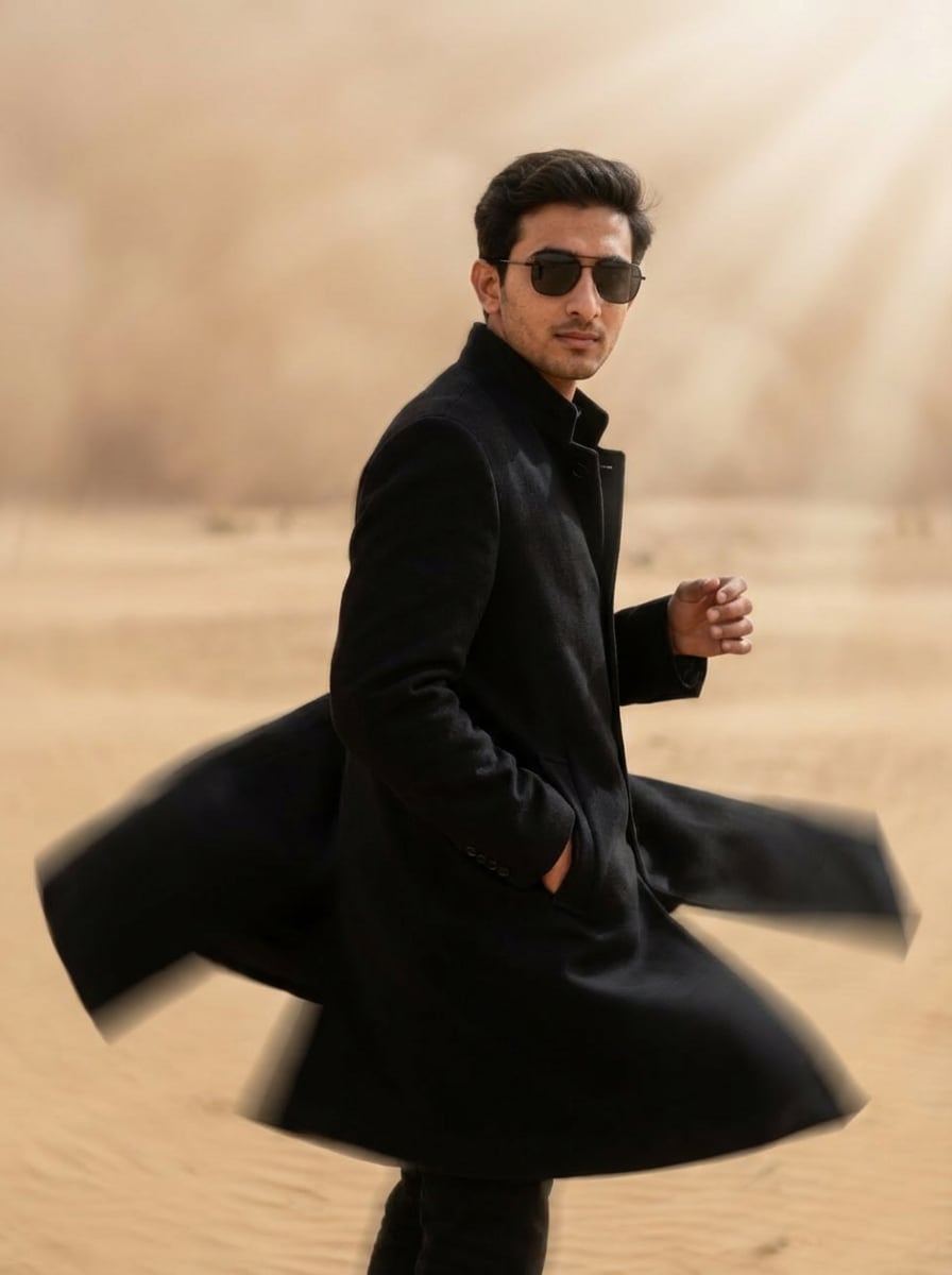 Black trench coat AI edit – AI prompt sample