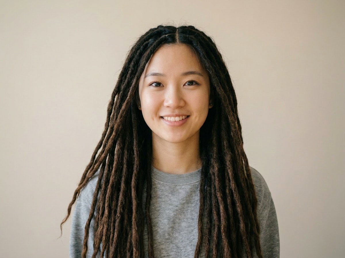 after - woman with long waist-length natural dreadlocks locs added by AI