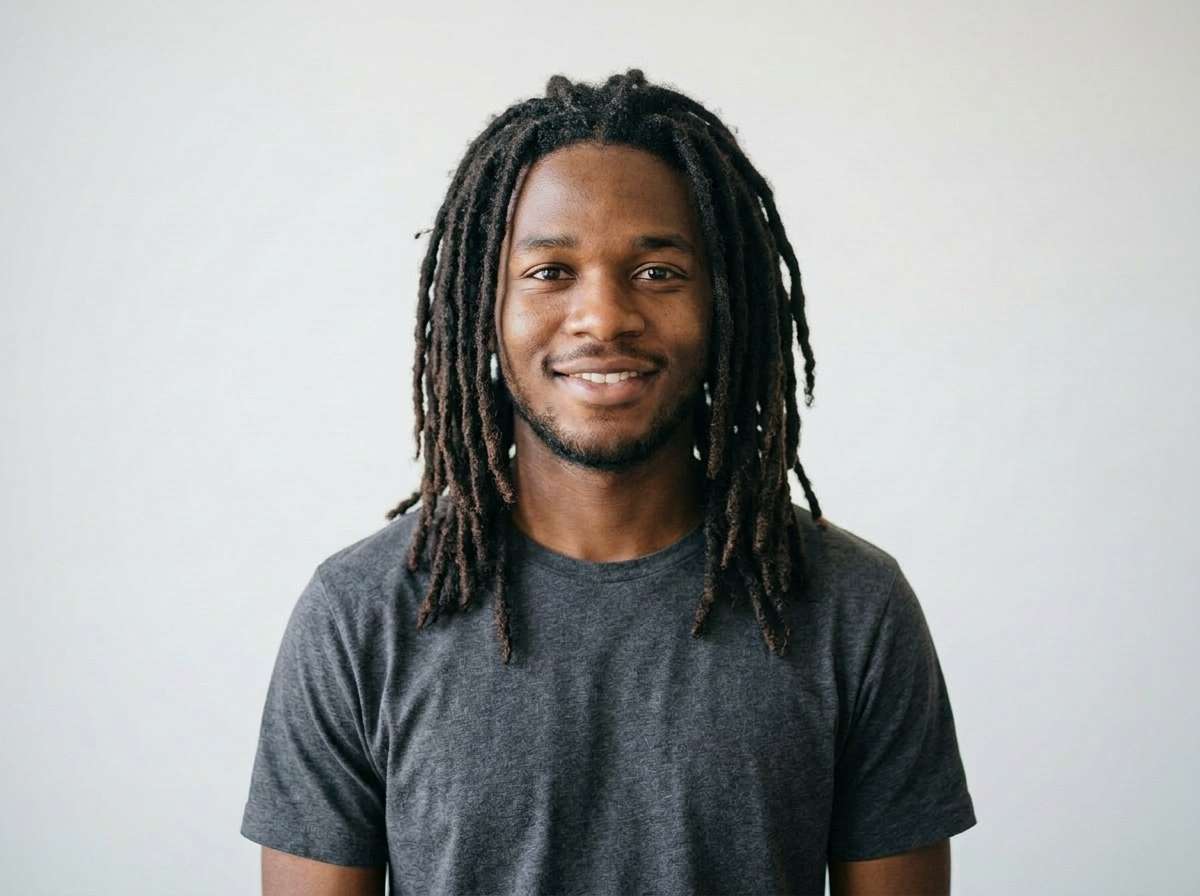 after - man with shoulder-length thick dreadlocks hairstyle added by AI