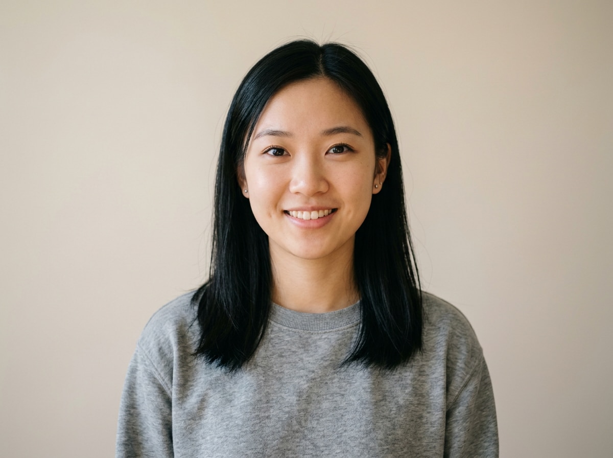 before - woman with natural straight hair, plain background, no dreadlocks