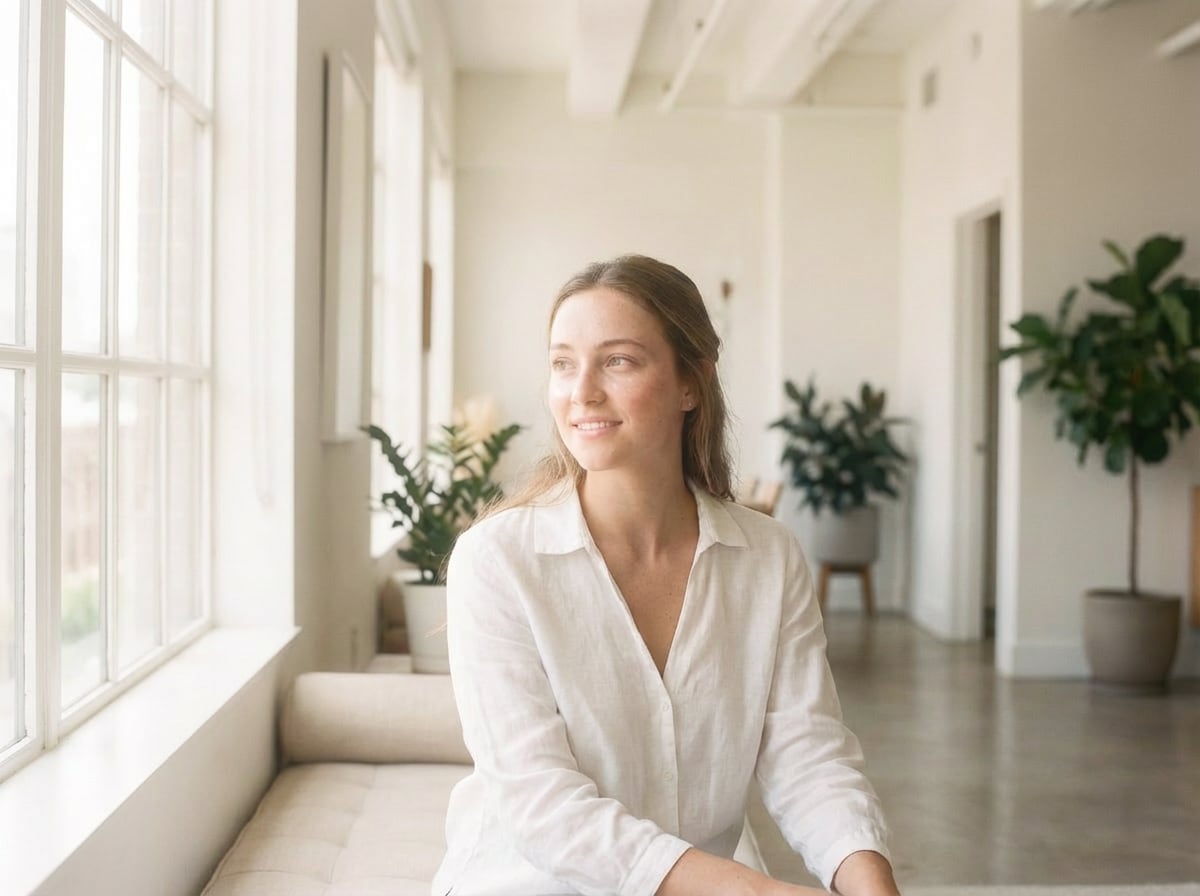 after - same woman in bright room with AI-applied dreamy glow filter, soft luminous skin, pearly haze, romantic editorial look