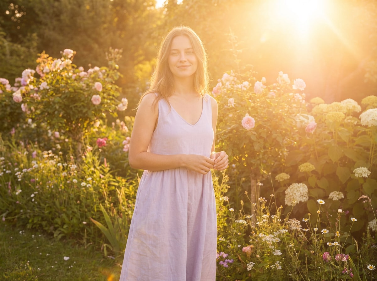 after - same woman in flower garden with AI-applied dreamy glow filter, golden sun flare, warm luminous haze, magical sunset softness