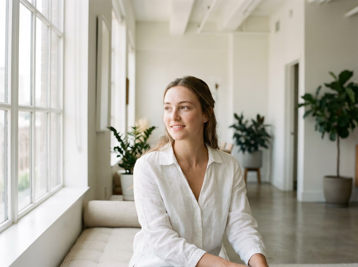 before - woman in bright room, natural lighting, no glow effect