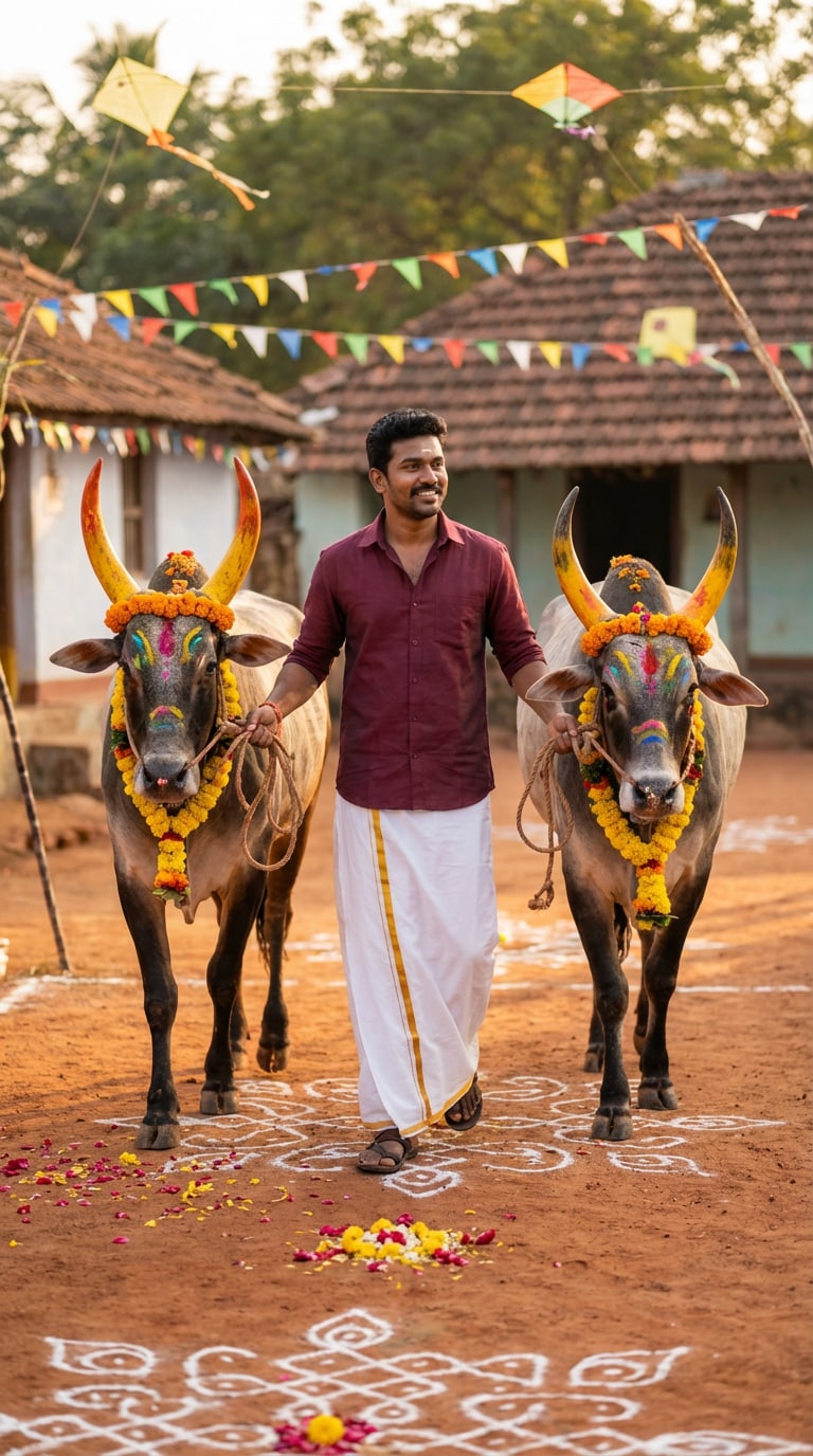 Pongal Festival Portrait with Decorated Cattle