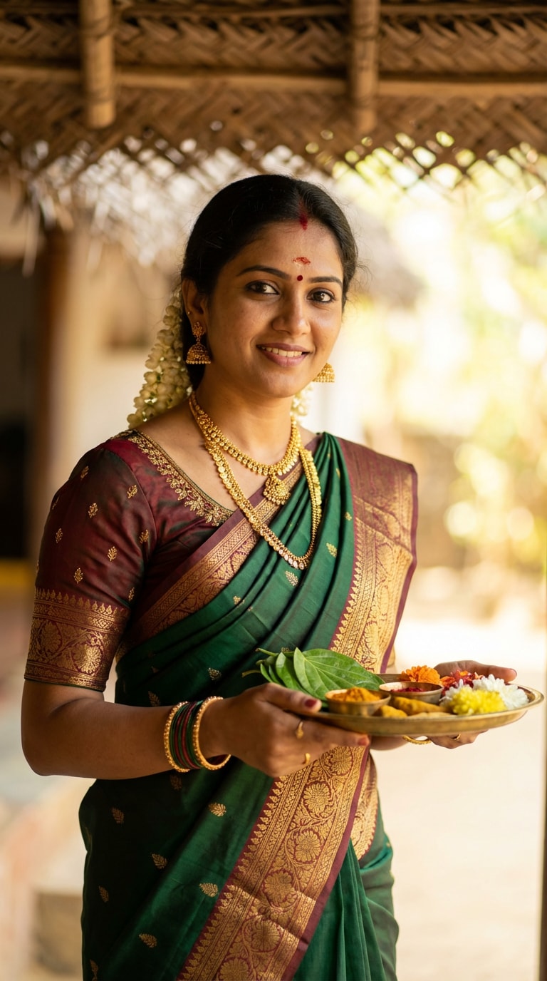 Pongal Woman with Traditional Offerings