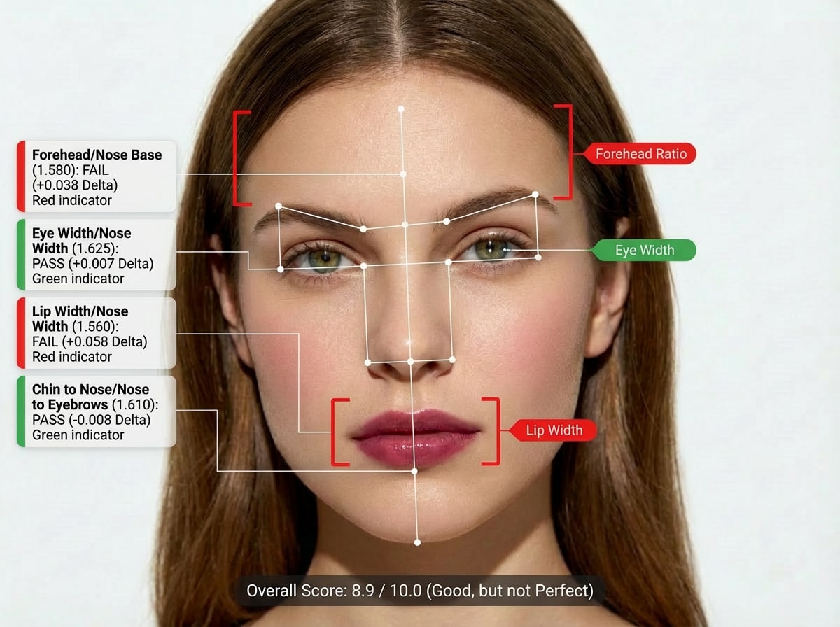 golden ratio face analysis result with UI overlay
