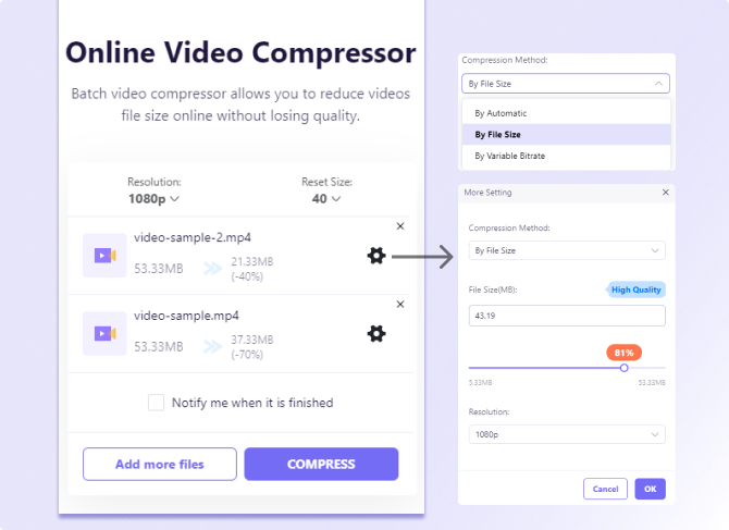 elige el método y las configuraciones de compresión de vídeo