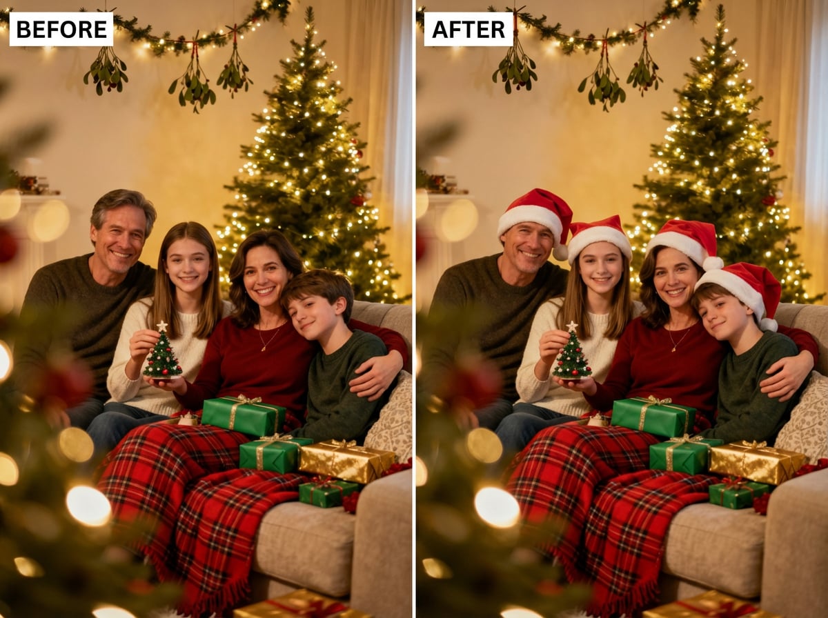 Add Santa hats to family photo with AI