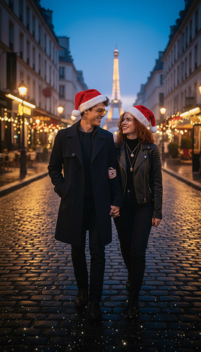 AI Christmas hat couple photo