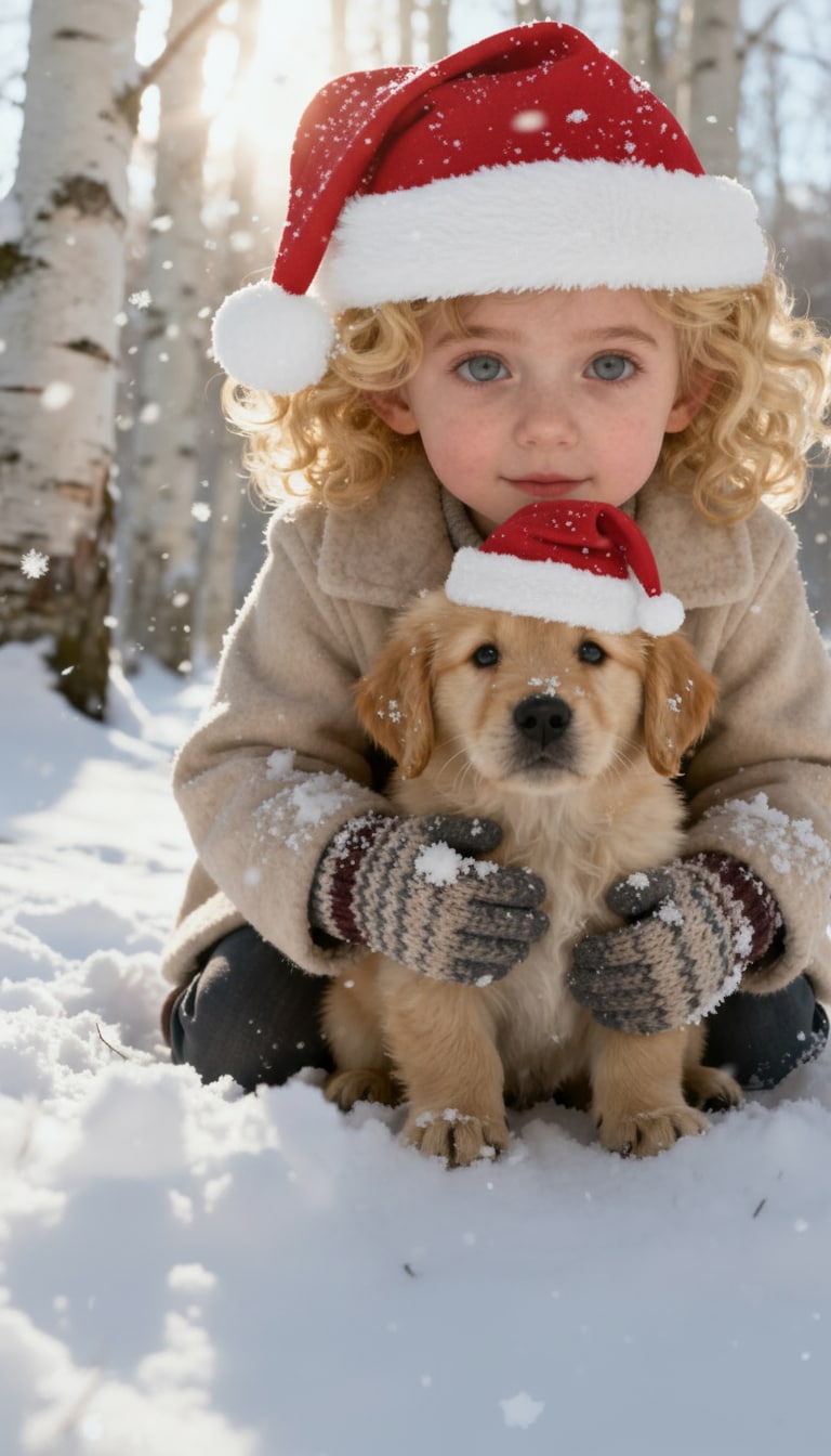 AI Christmas hat girl and puppy