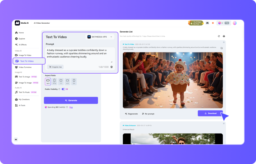 Step 3: text to ai baby fashion video
