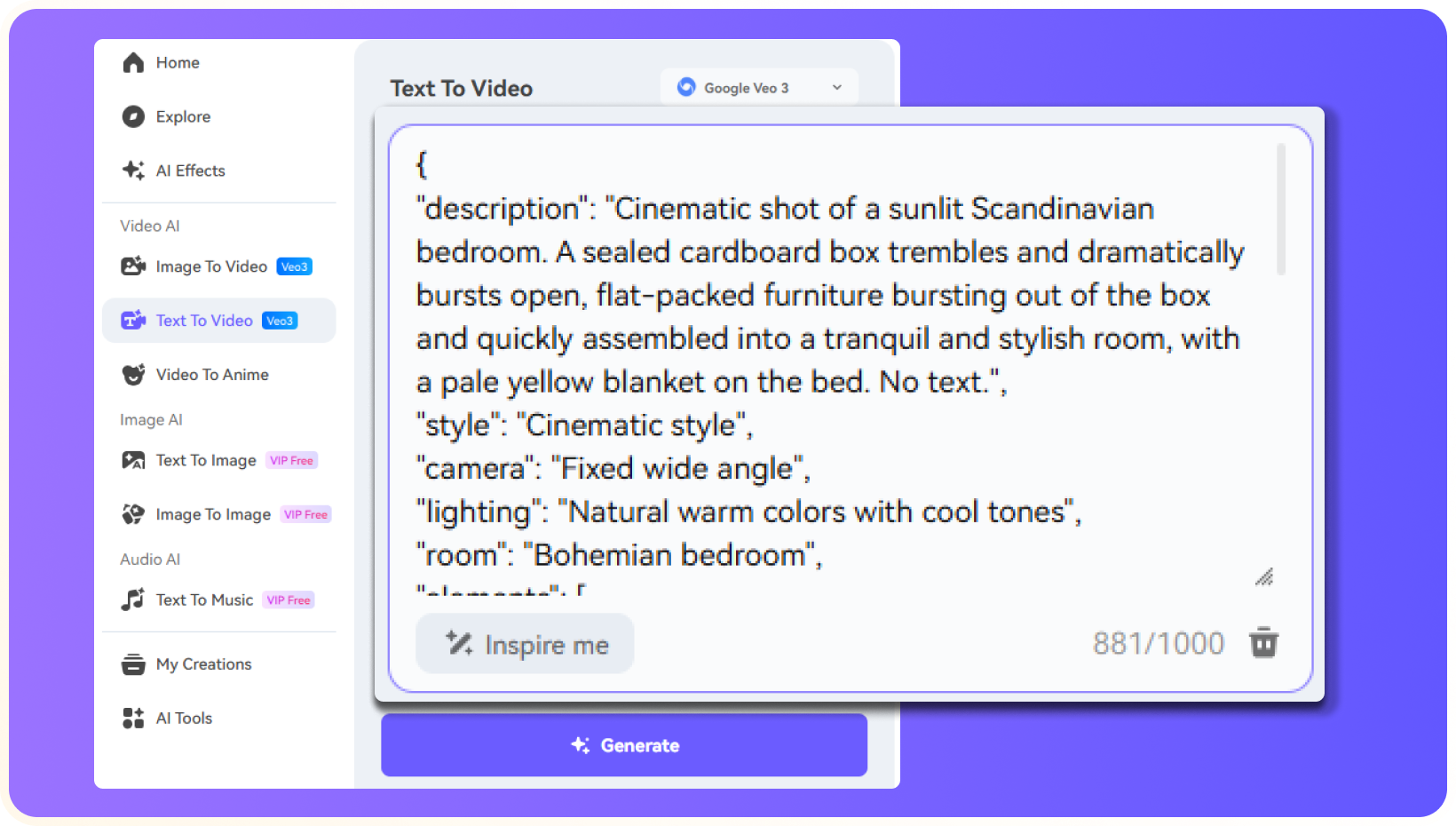 enter prompt for ai exploading box video