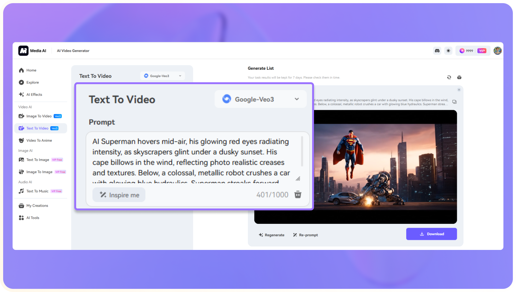 enter prompt for superman video