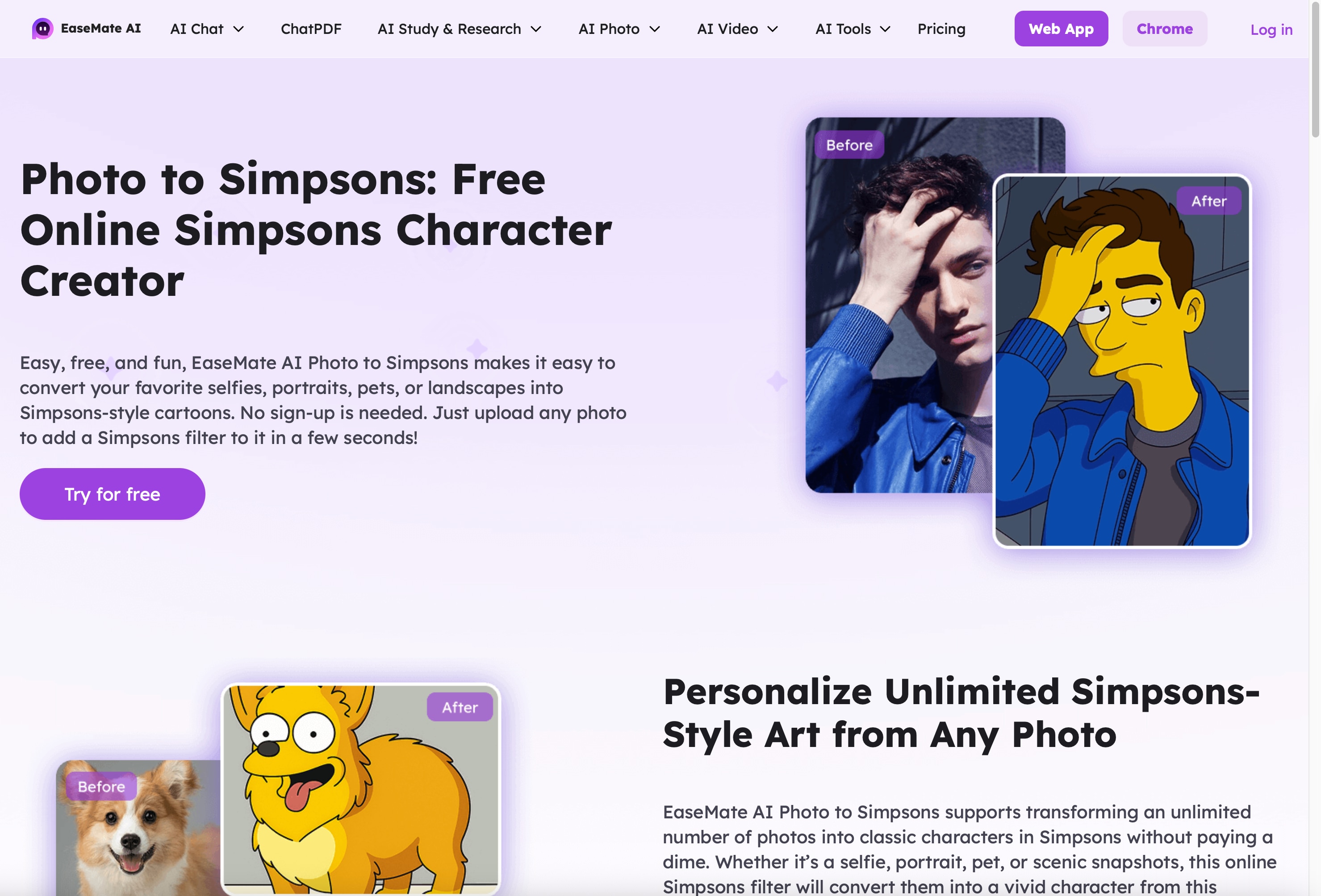 EaseMate AI Photo to Simpsons Homepage