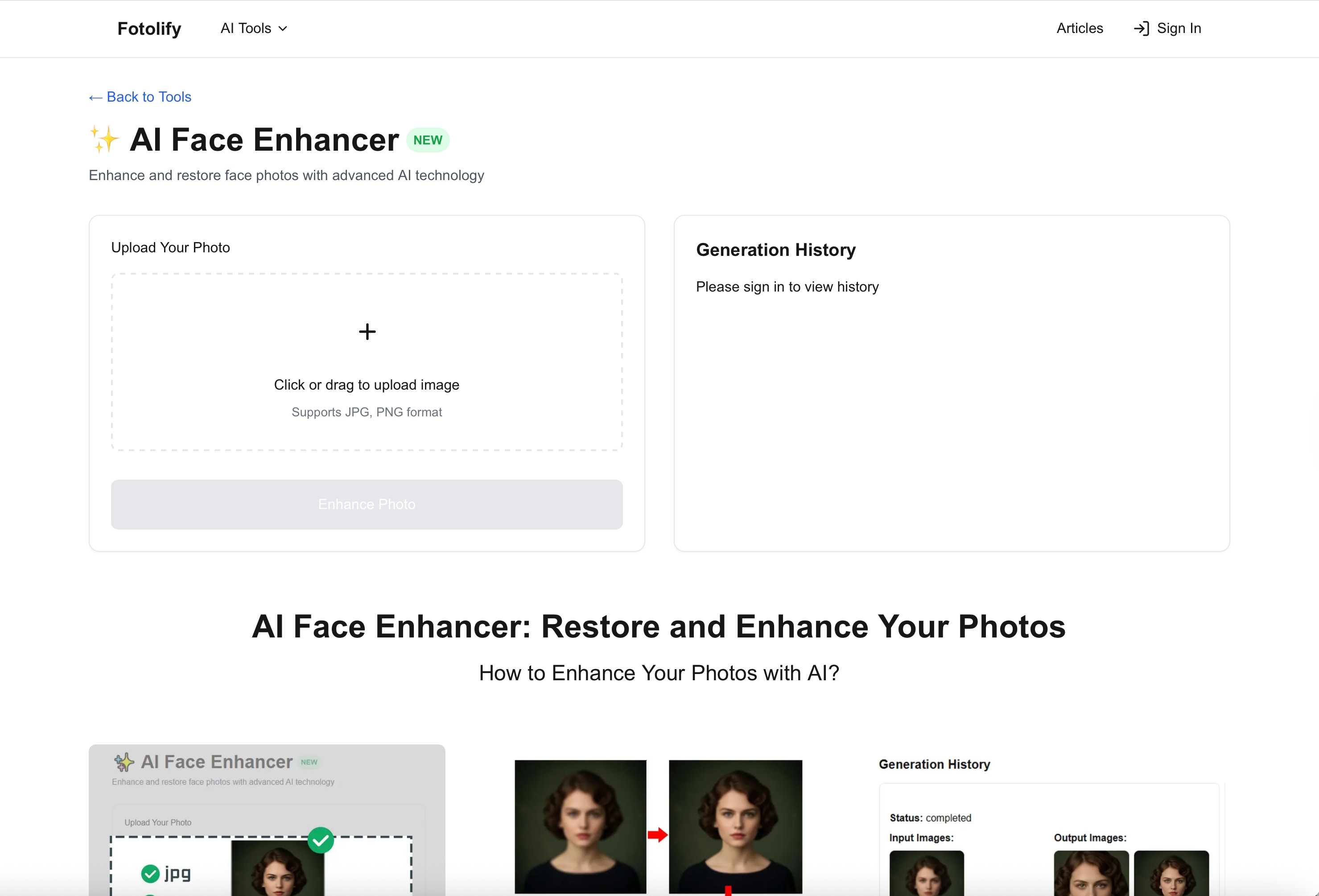 Fotolify AI Face Enhancer Website