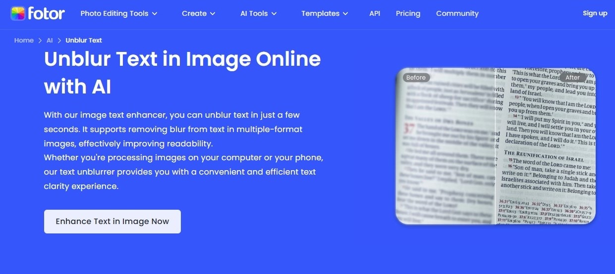 Fotor Unblur Text Homepage