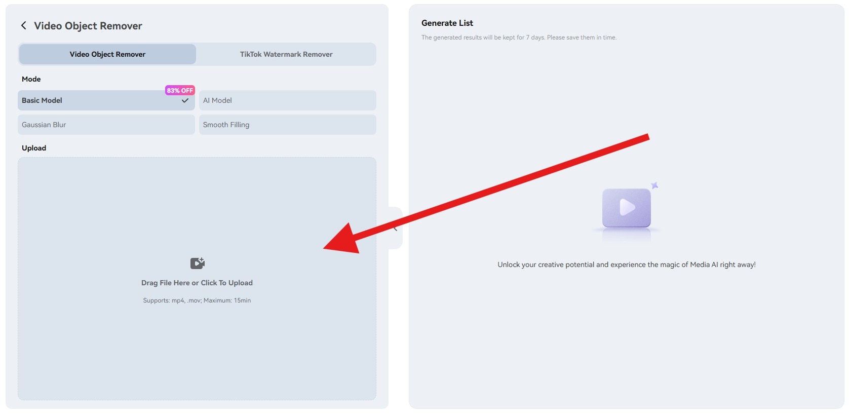 mediaio video object remover upload clip