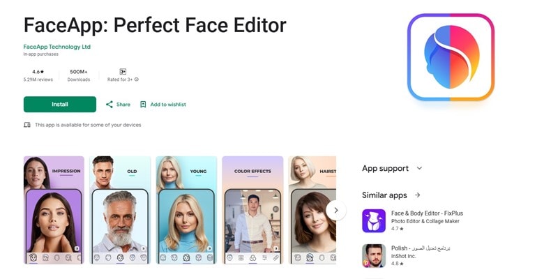 FaceApp Google Playstore Homepage
