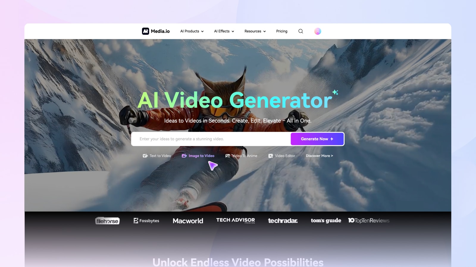 enter image to video tool from the homepage