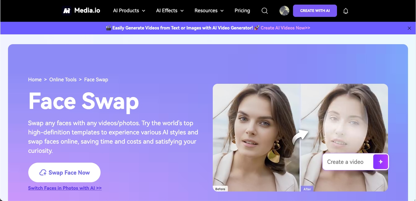 media.io - goenhance ai face swap alternative tool