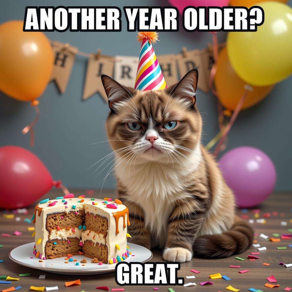 Grumpy cat birthday meme generated by media.io AI