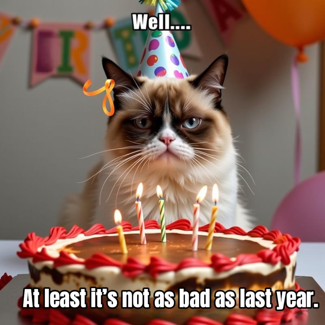 Grumpy cat birthday meme generated by media.io AI