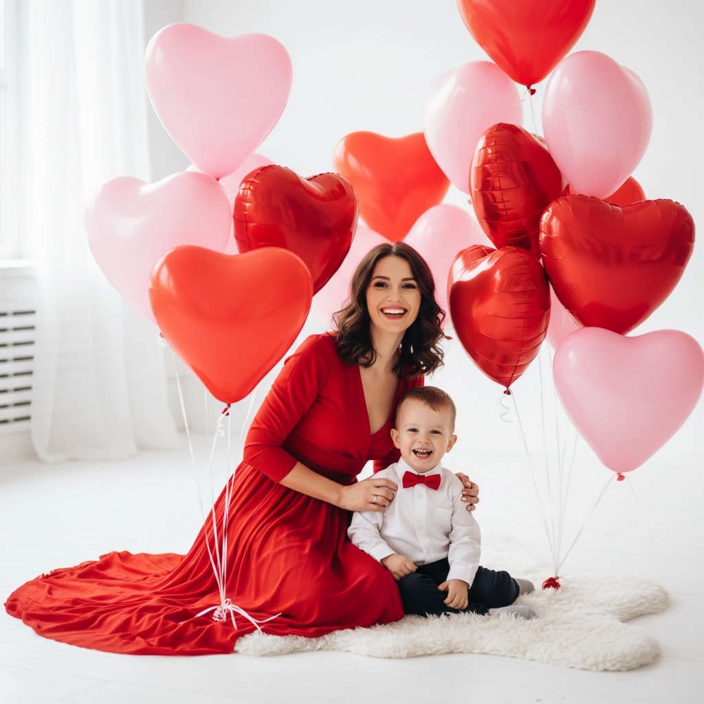Mom and Son Valentines Day Photos - Adorable Heart Balloon Photoshoot Ideas