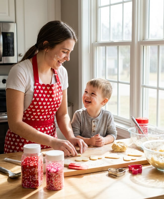 sister and son baking heart cookies