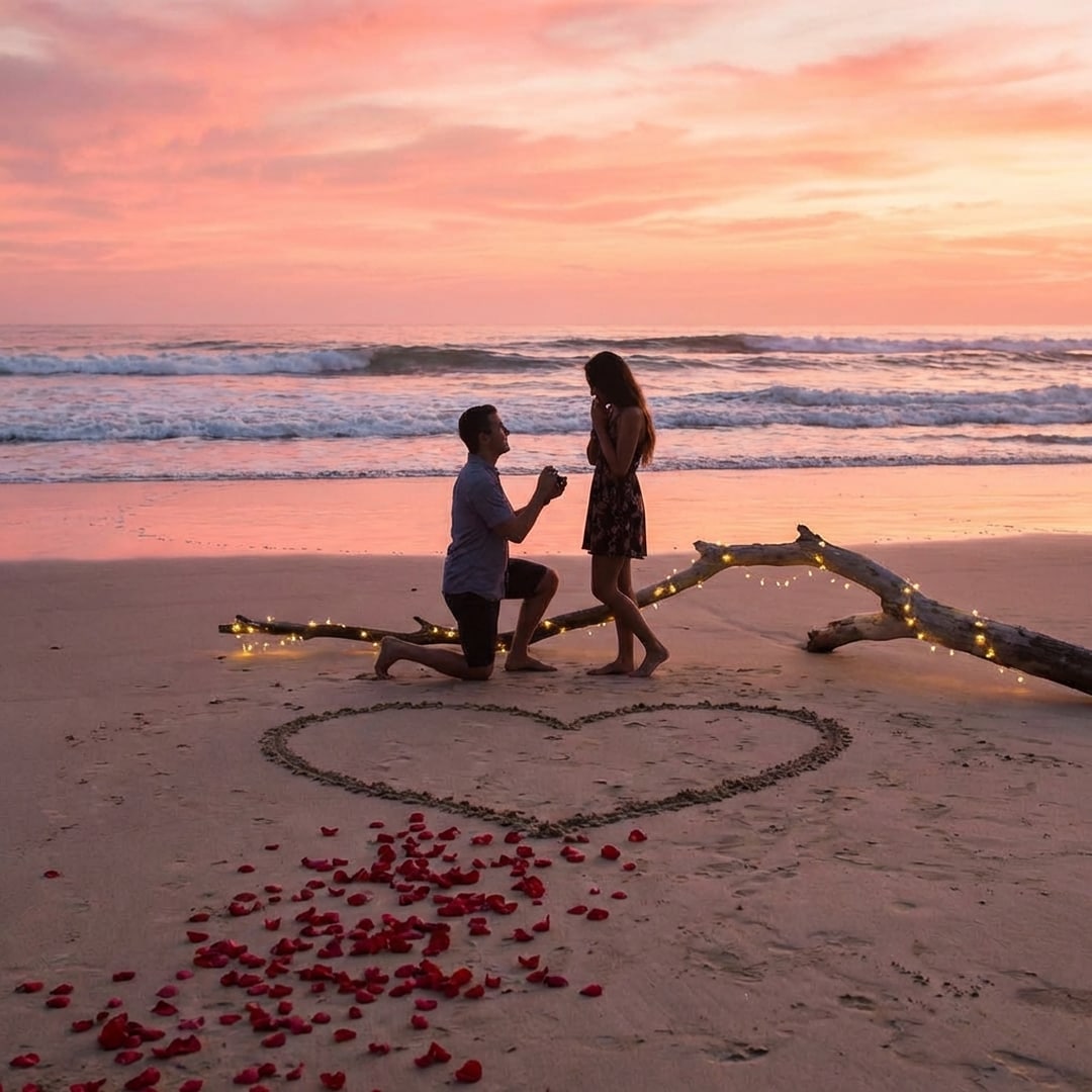 beach sunset valentine proposal with heart sand