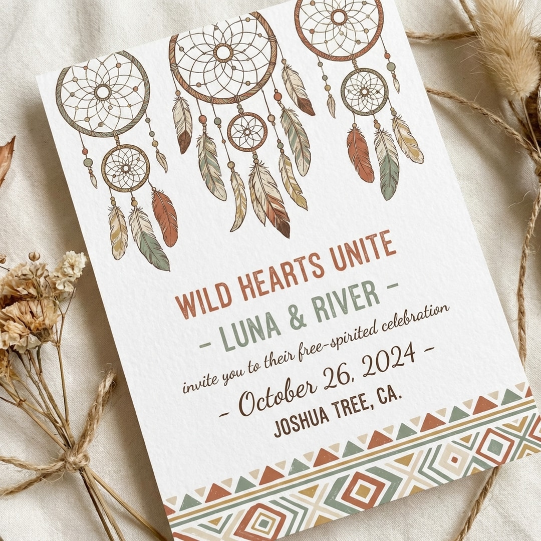 bohemian wedding invitation with dreamcatcher feathers