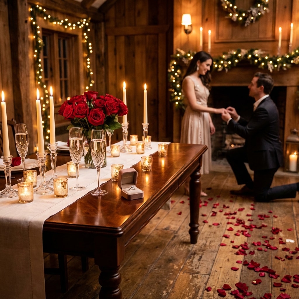 romantic valentine candlelit dinner proposal scene