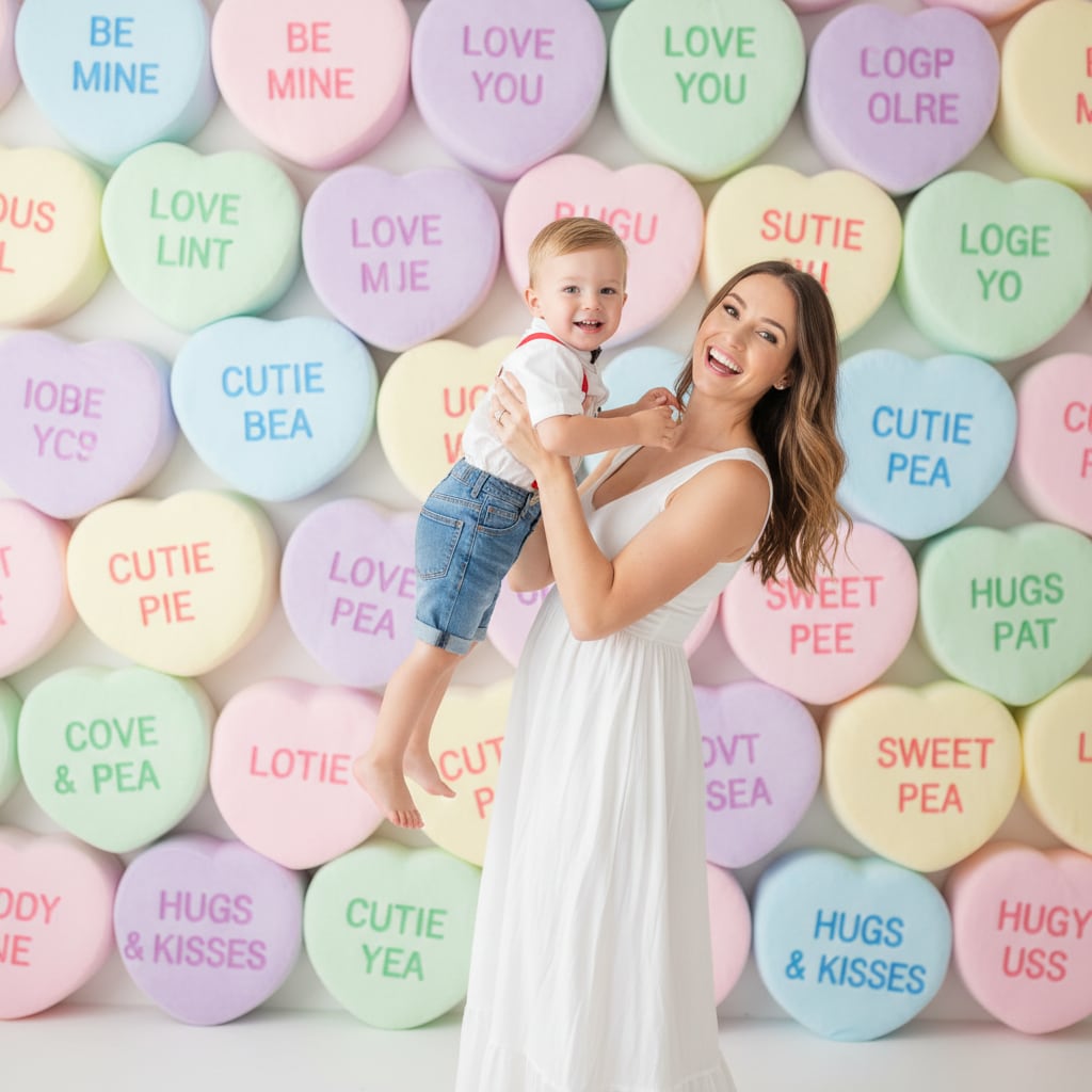 Mom Son Valentine Photoshoot Ideas - Creative Candy Heart Backdrop Setup