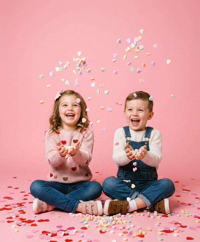 siblings candy hearts toss action