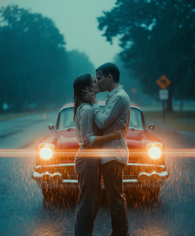 Cinematic Rain Kiss Still