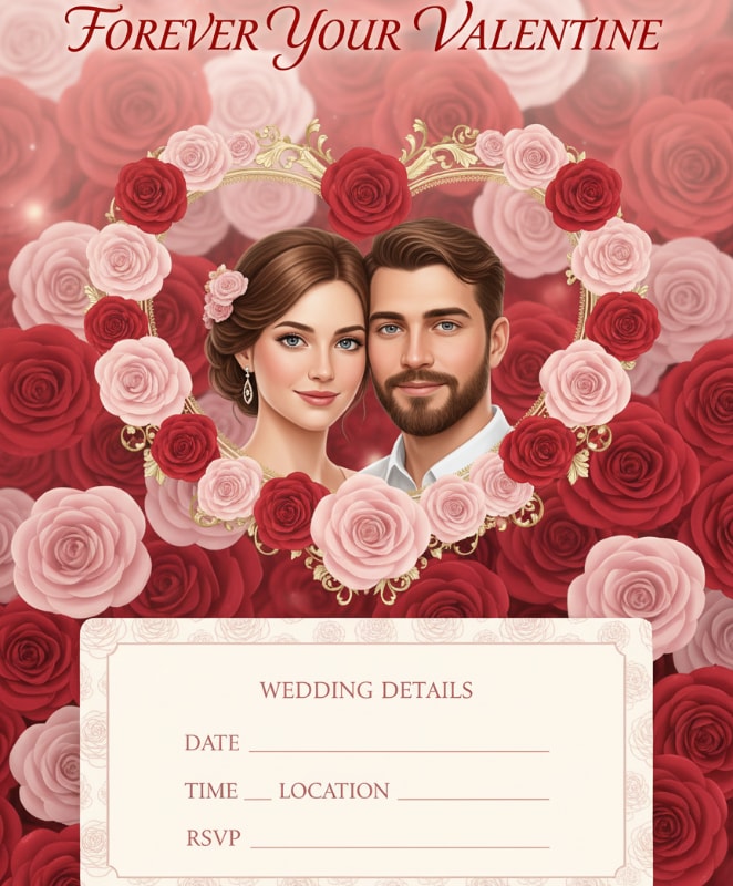 couple selfie valentine wedding invitation red roses