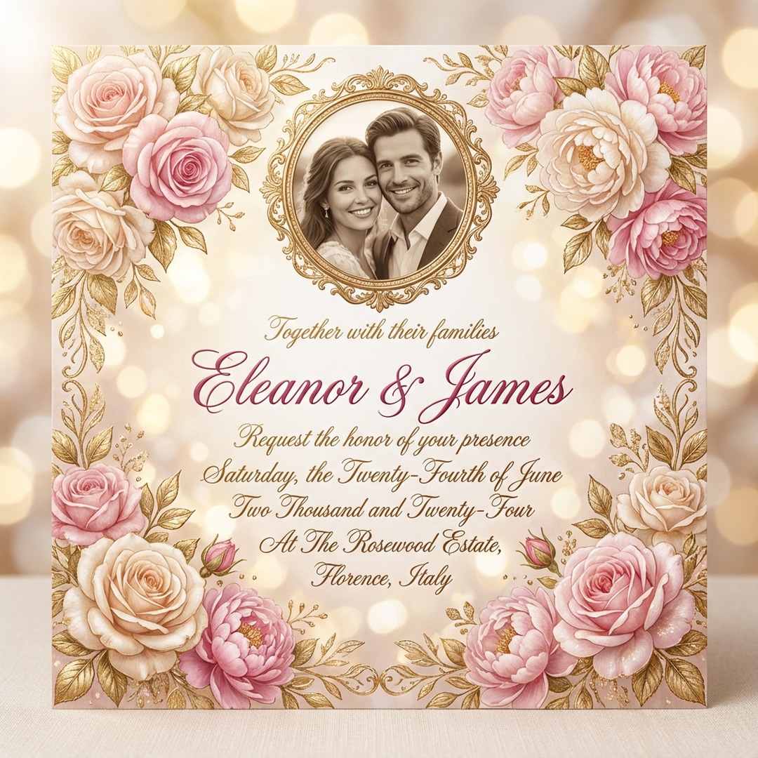 elegant gemini ai wedding invitation with floral border