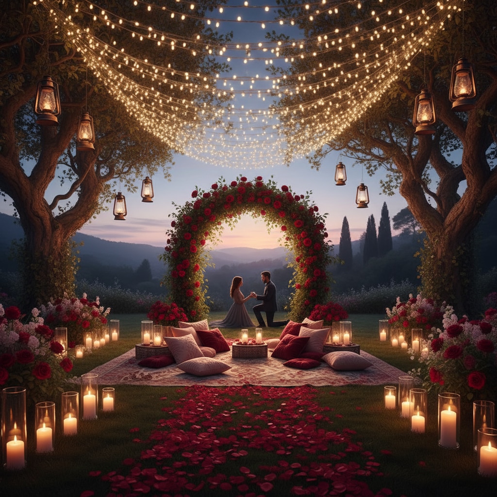 enchanted garden proposal with fairy lights