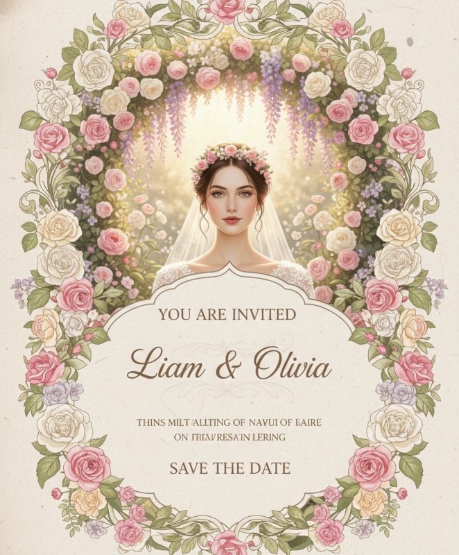 garden wedding invitation card with floral archway