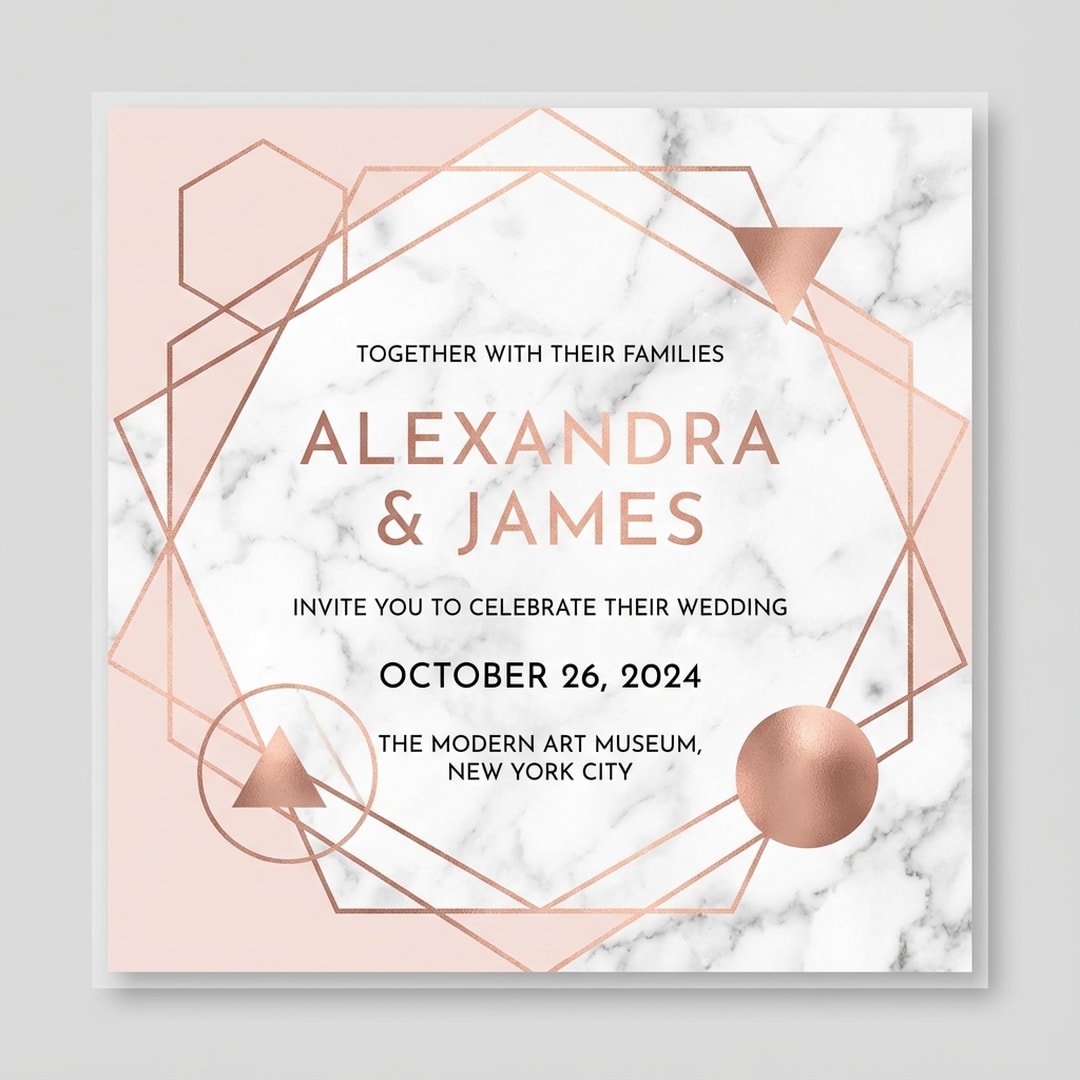 modern geometric wedding invitation marble rose gold