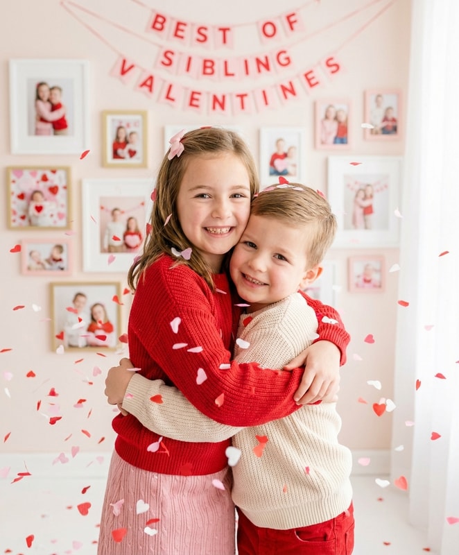 sibling group hug heart confetti