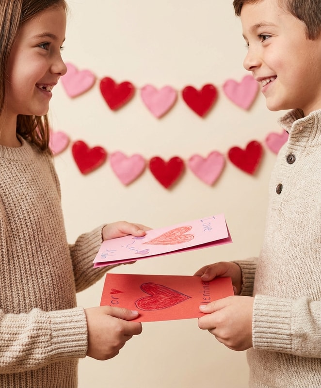 siblings exchanging valentine cards